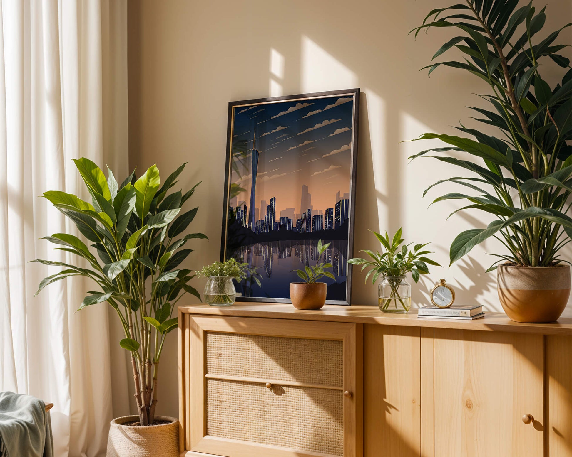 Skyline der Stadt bei Sonnenuntergang mit futuristischem Touch und Wasserspiegelung