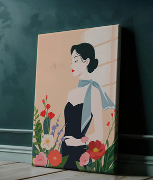 Elegant Woman with Floral Background and Scarf