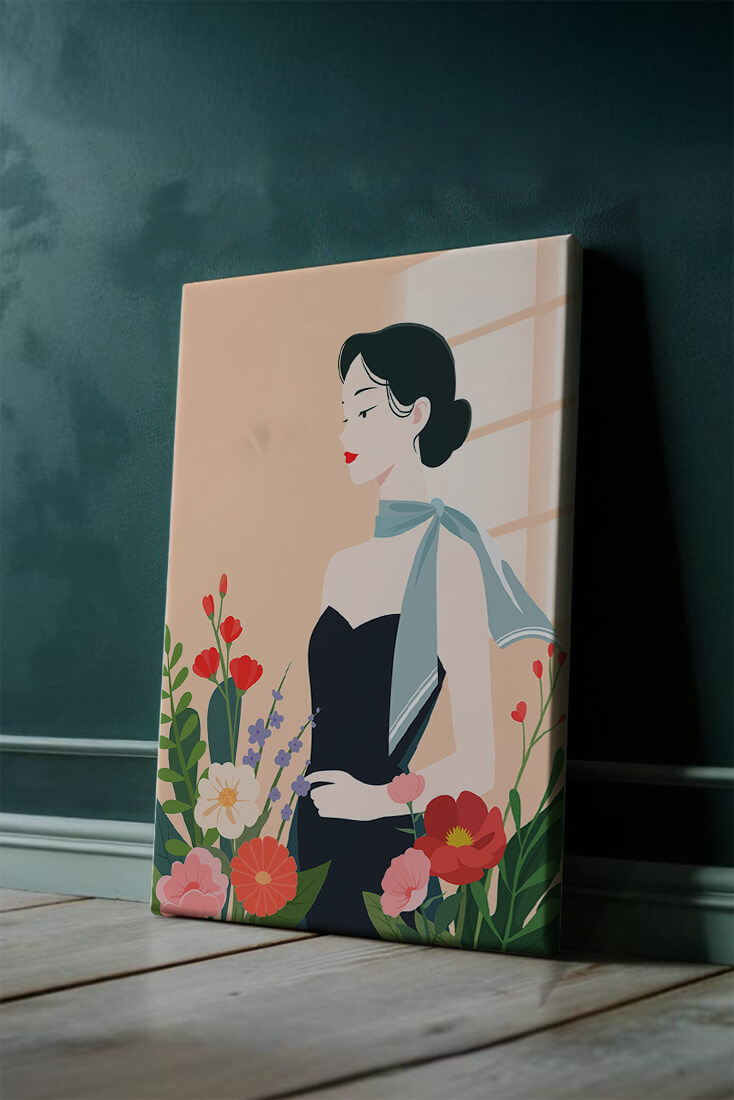 Mujer elegante con fondo floral y bufanda