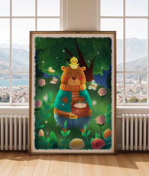 Charming bear in a colorful garden with flowers and fireflies