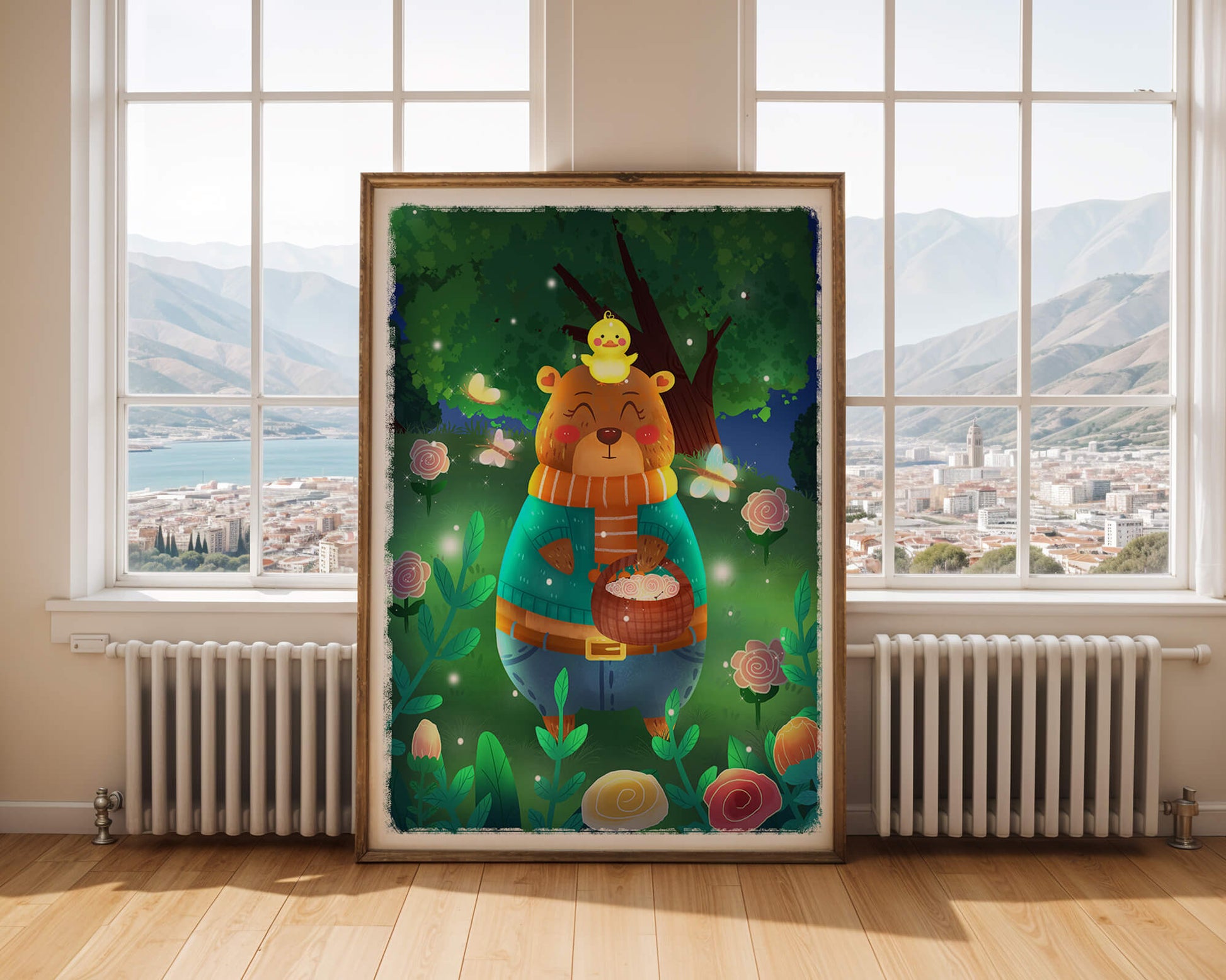 Charming bear in a colorful garden with flowers and fireflies