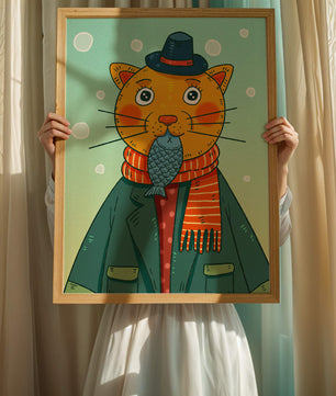 Gato caprichoso vestido con atuendo invernal colorido