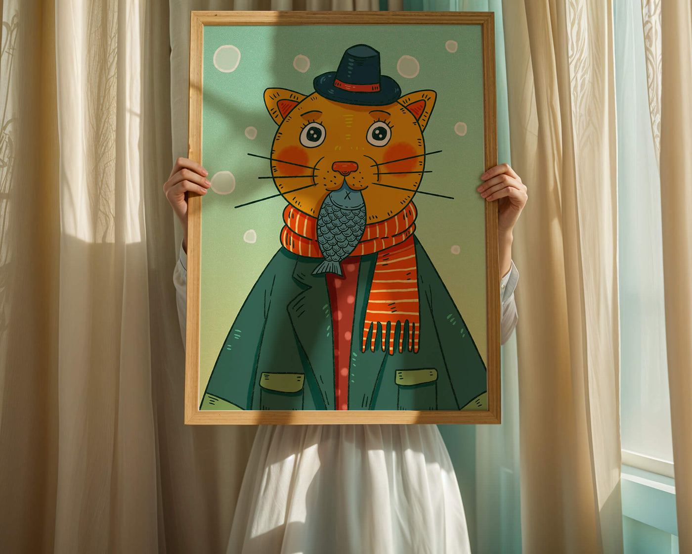 Whimsical cat dressed in colorful winter attire