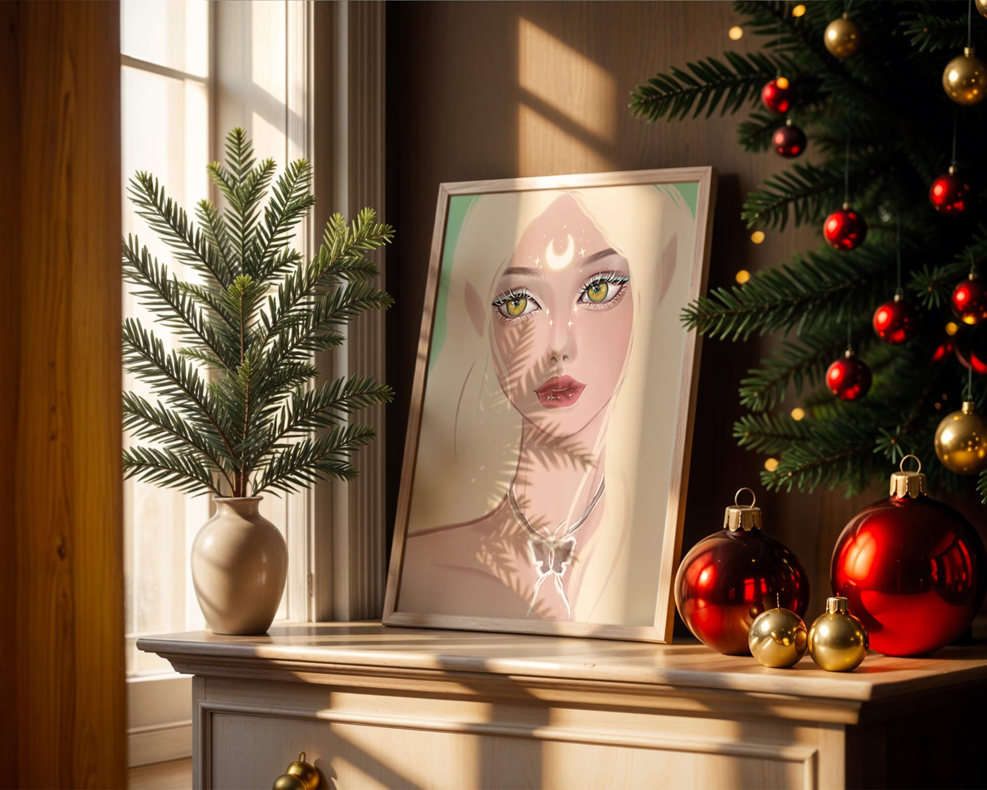 Enchanted portrait of ethereal elf girl with glowing elements