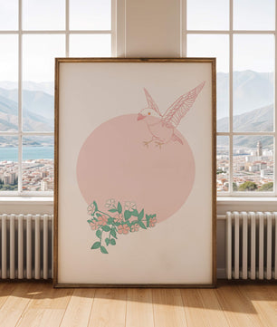 Pájaro pastel con elementos florales en estilo minimalista