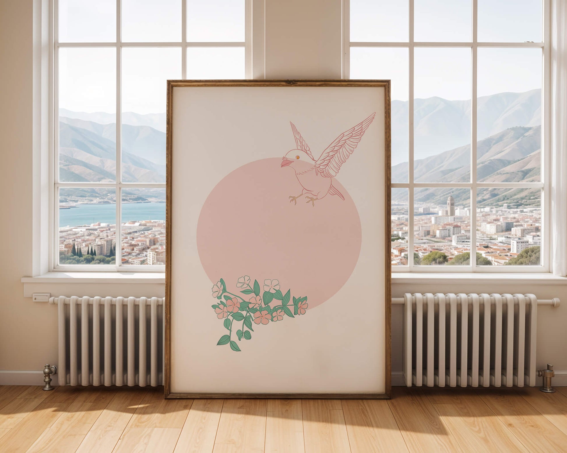 Pájaro pastel con elementos florales en estilo minimalista