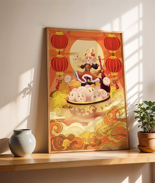 Charming festive fantasy illustration featuring lanterns and playful characters