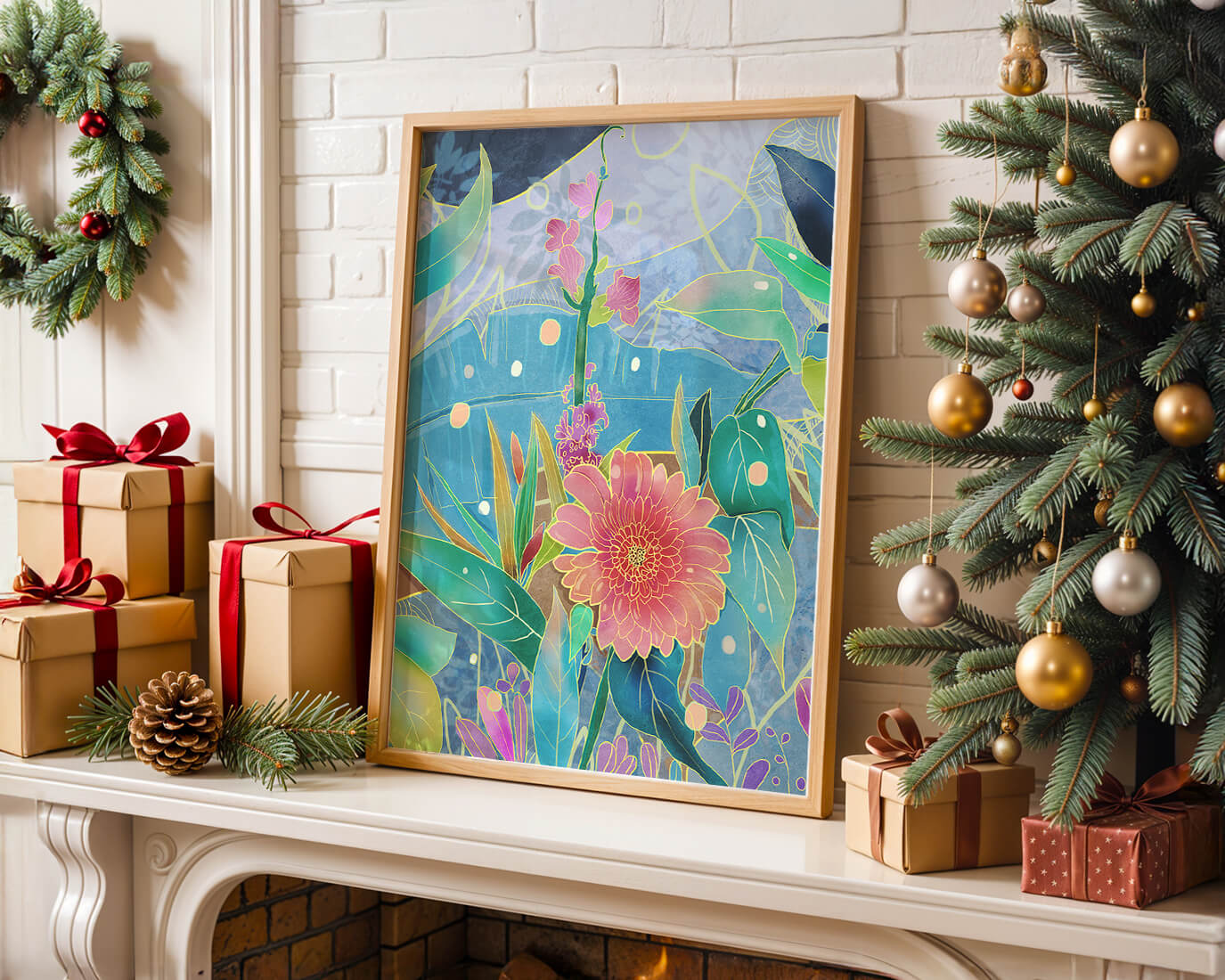 Kunst abstrak bunga yang berwarna-warni dengan bunga dan daun yang cerah