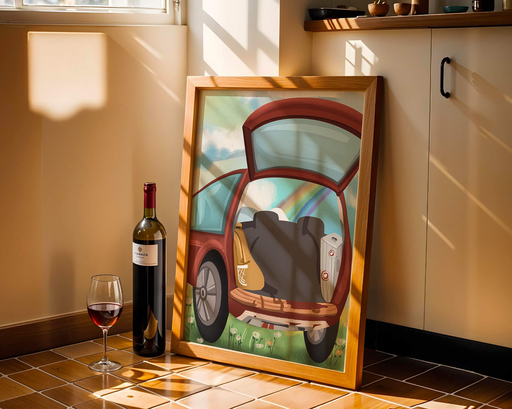 Car Trunk with Picnic Items and Rainbow in Background