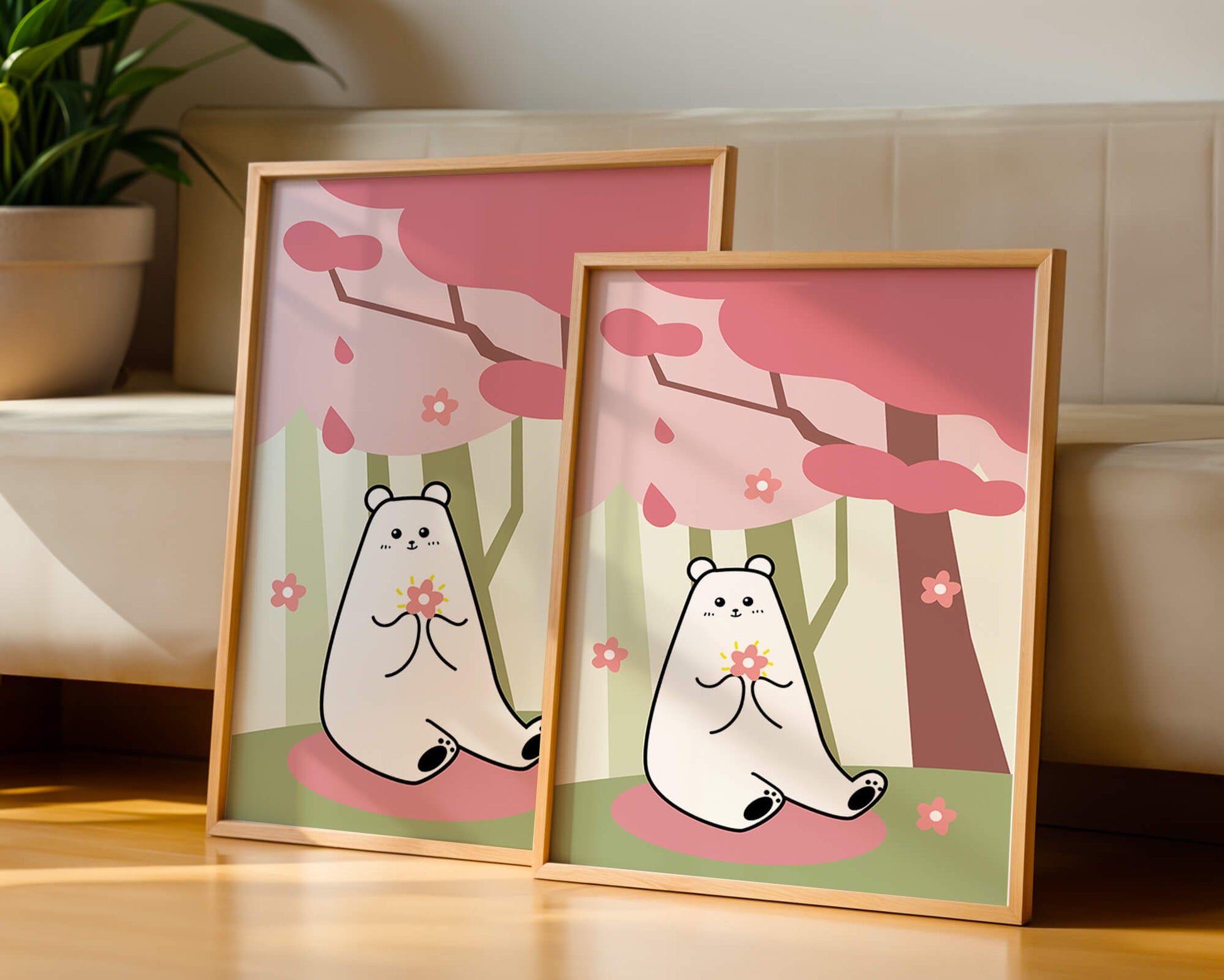 Charming bear holding flower under cherry blossom tree