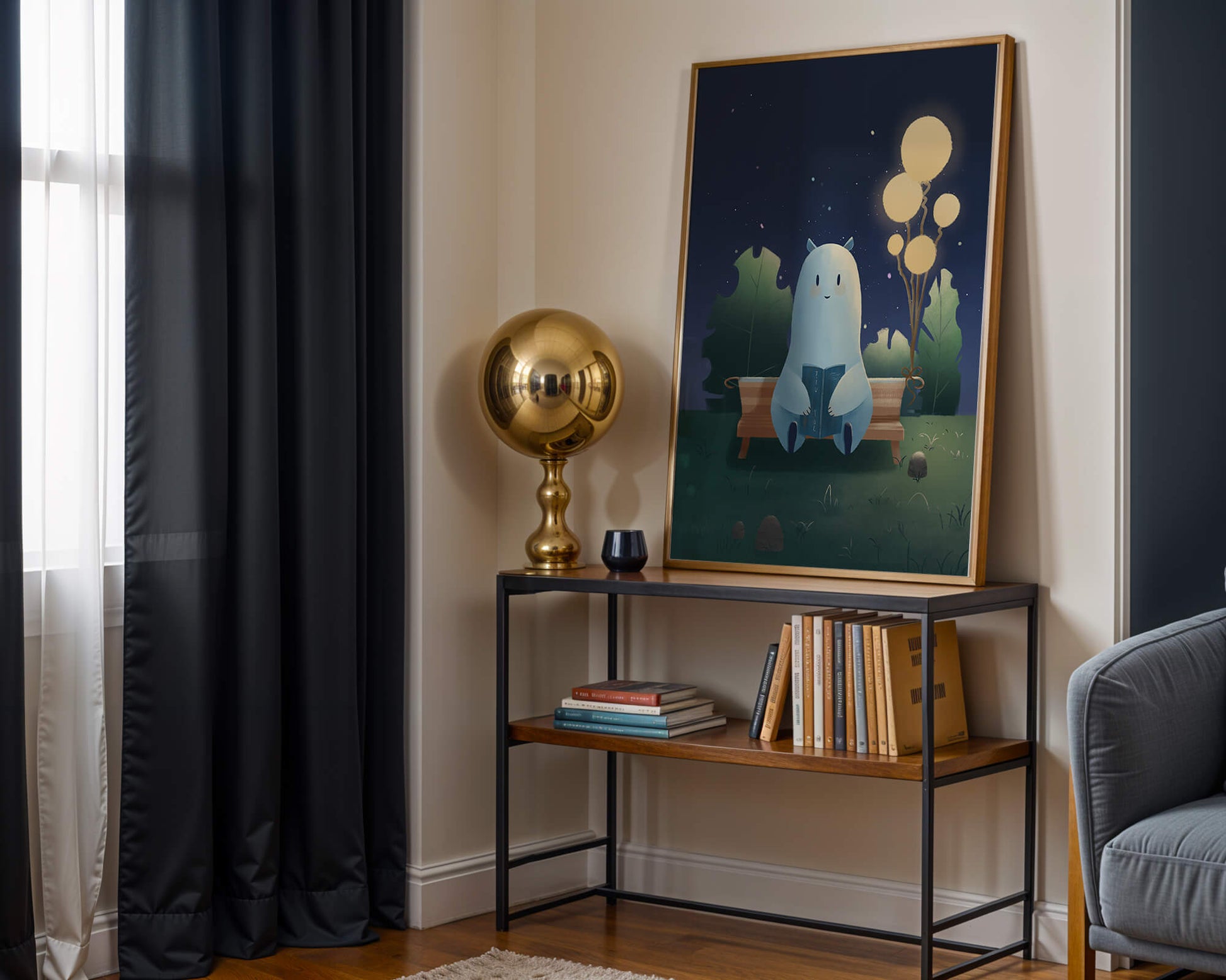 Cozy nighttime illustration with a creature reading under starry sky