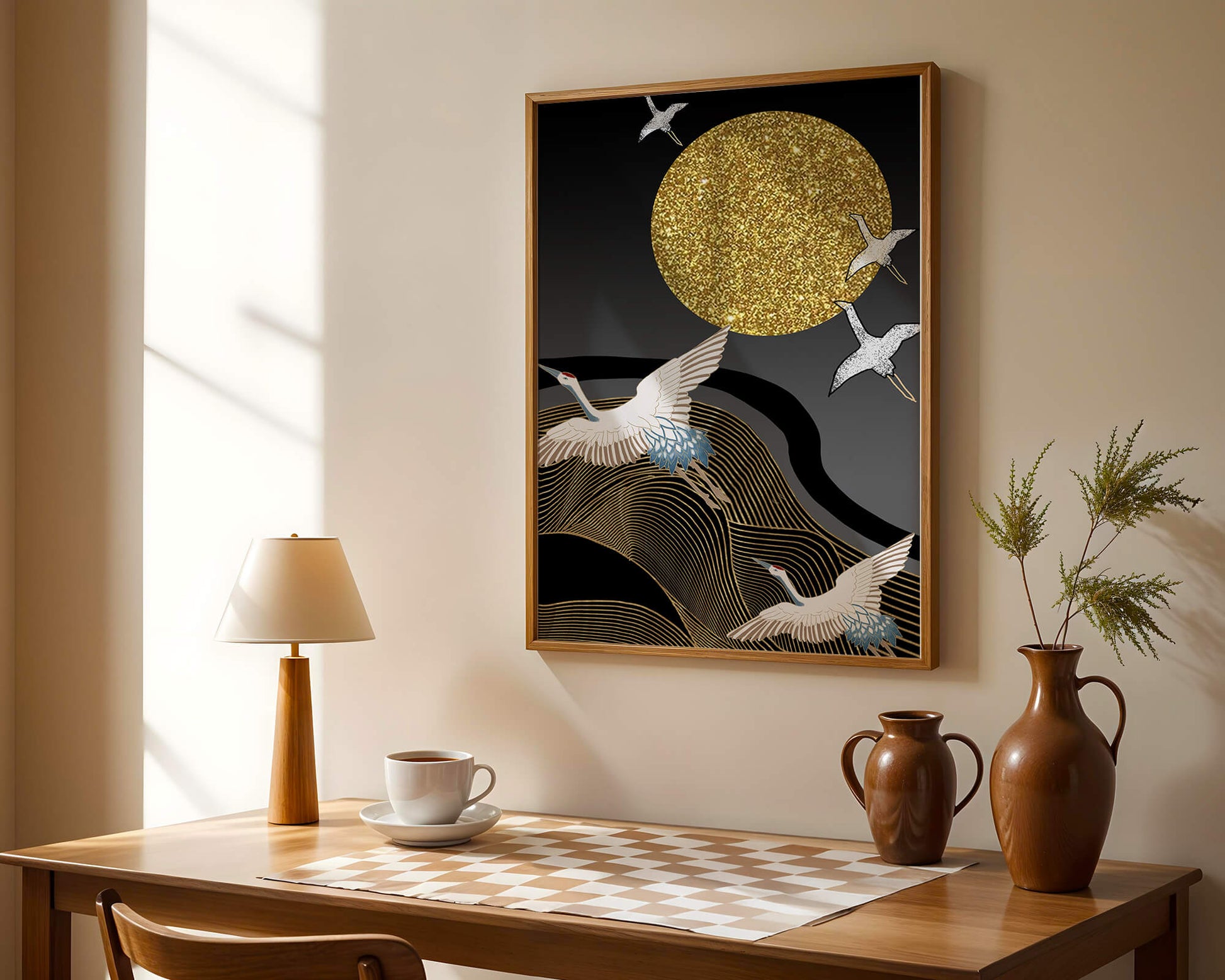 Elegant Cranes Soaring under a Golden Sun