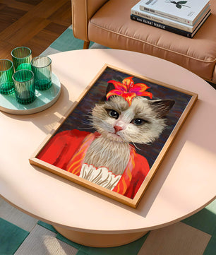 Retrato de gato con acentos de flores vibrantes y atuendo colorido