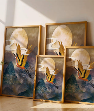 Majestic Gold-Crimson Crane Flying Over Misty Mountains in Moonlight