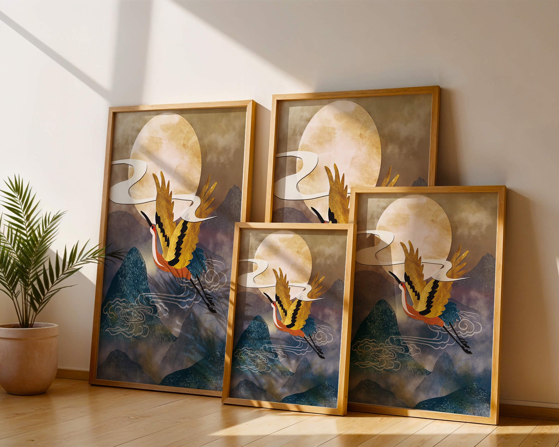 Majestic Gold-Crimson Crane Flying Over Misty Mountains in Moonlight