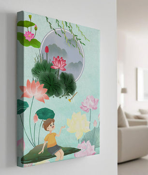 Serene illustration of a child in a lotus garden with vibrant flora