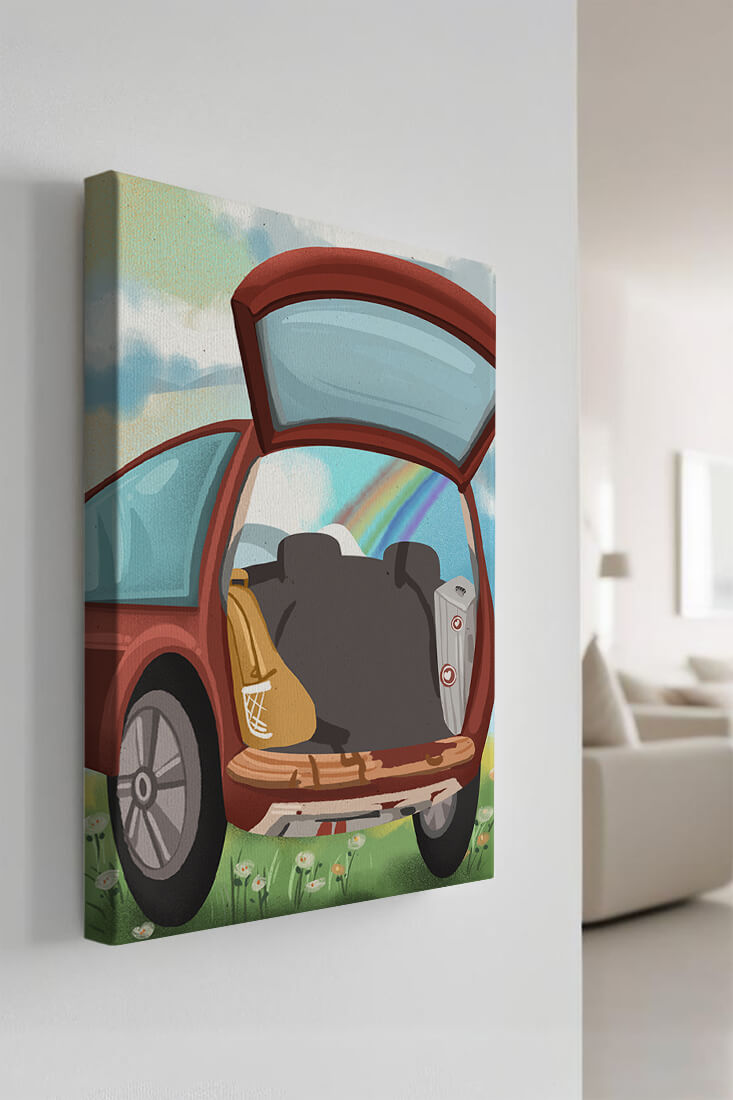 Car Trunk with Picnic Items and Rainbow in Background