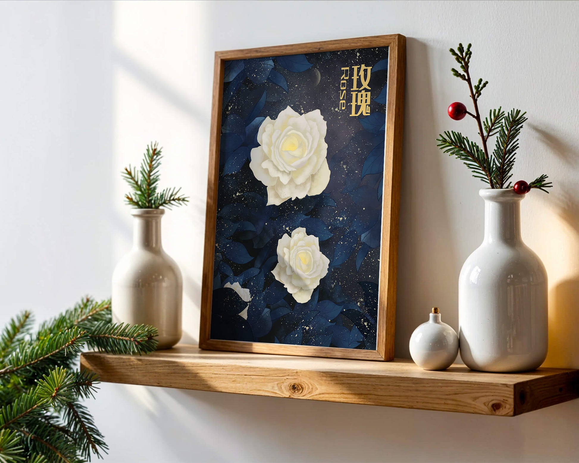 Elegant white roses on a celestial night background with deep blue leaves