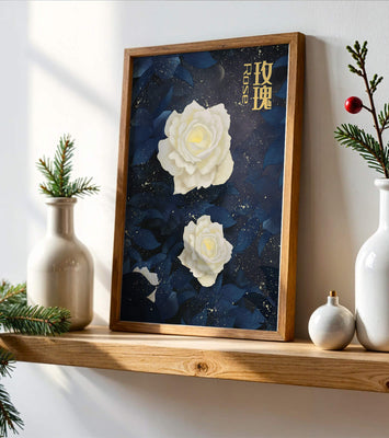 Elegant white roses on a celestial night background with deep blue leaves