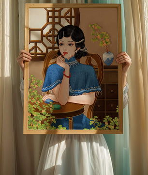 Elegant Woman in Traditional Chinese Setting with Blue Cape and Intricate Decor