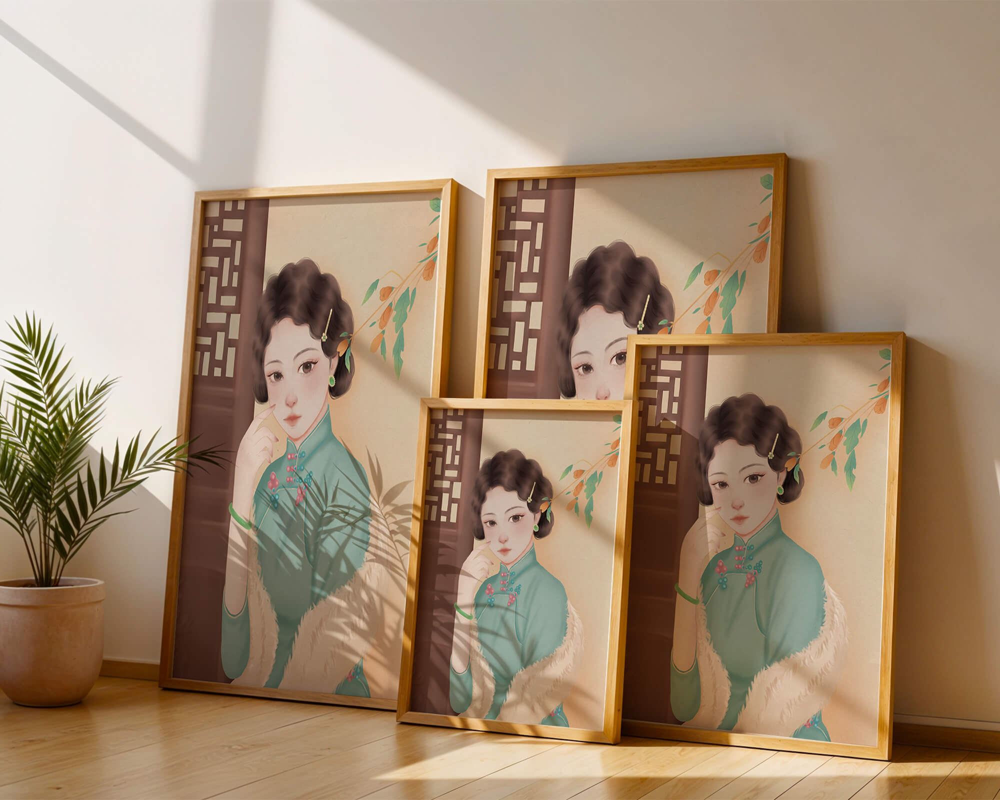 Elegant portrait of a woman in traditional attire with jade accessories