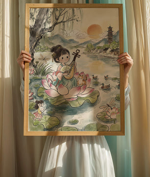 Traditional Asian Scenery with Girl Playing Instrument on Lotus Pond at Sunset