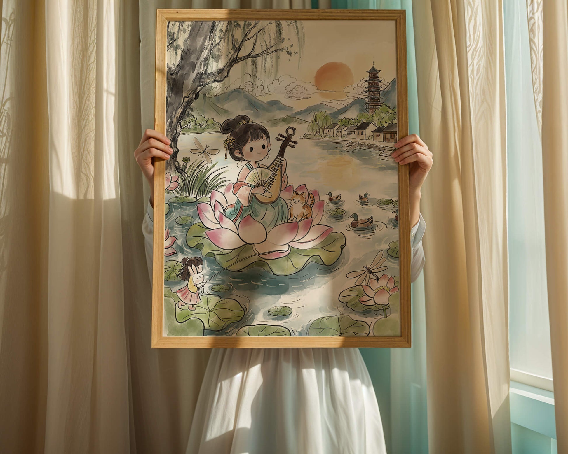 Traditional Asian Scenery with Girl Playing Instrument on Lotus Pond at Sunset