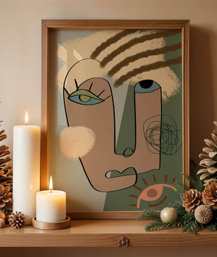 Retrato abstracto con formas geométricas y tonos terrosos