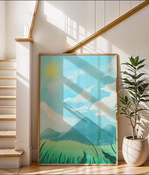 Sunny Day Overlooking a Mountain Landscape with Rolling Hills and Blue Sky