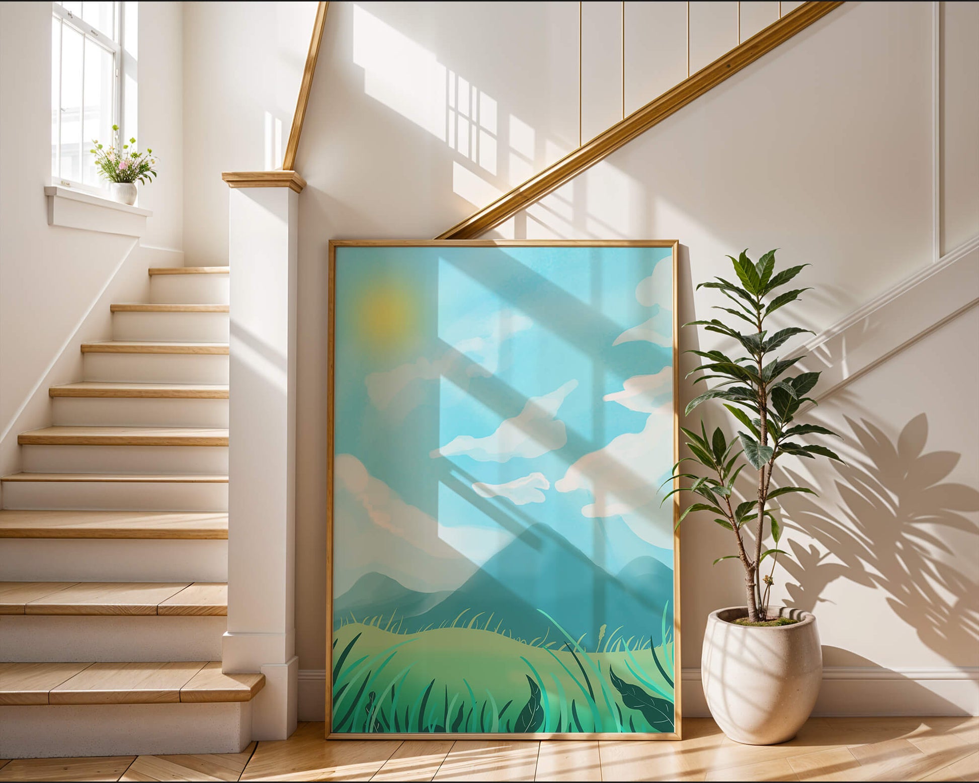 Sunny Day Overlooking a Mountain Landscape with Rolling Hills and Blue Sky