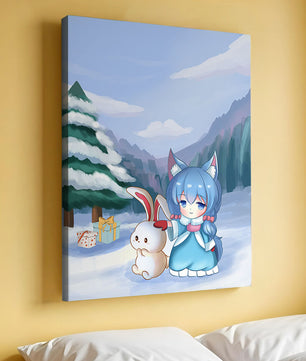 Winter scene with cute chibi character and bunny in snowy landscape
