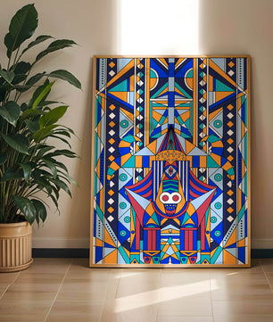 Arte tribal abstracto geométrico con patrones simétricos en azul y naranja
