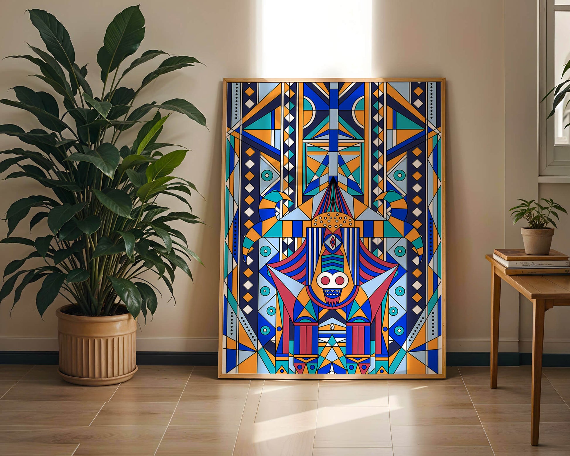 Arte tribal abstracto geométrico con patrones simétricos en azul y naranja