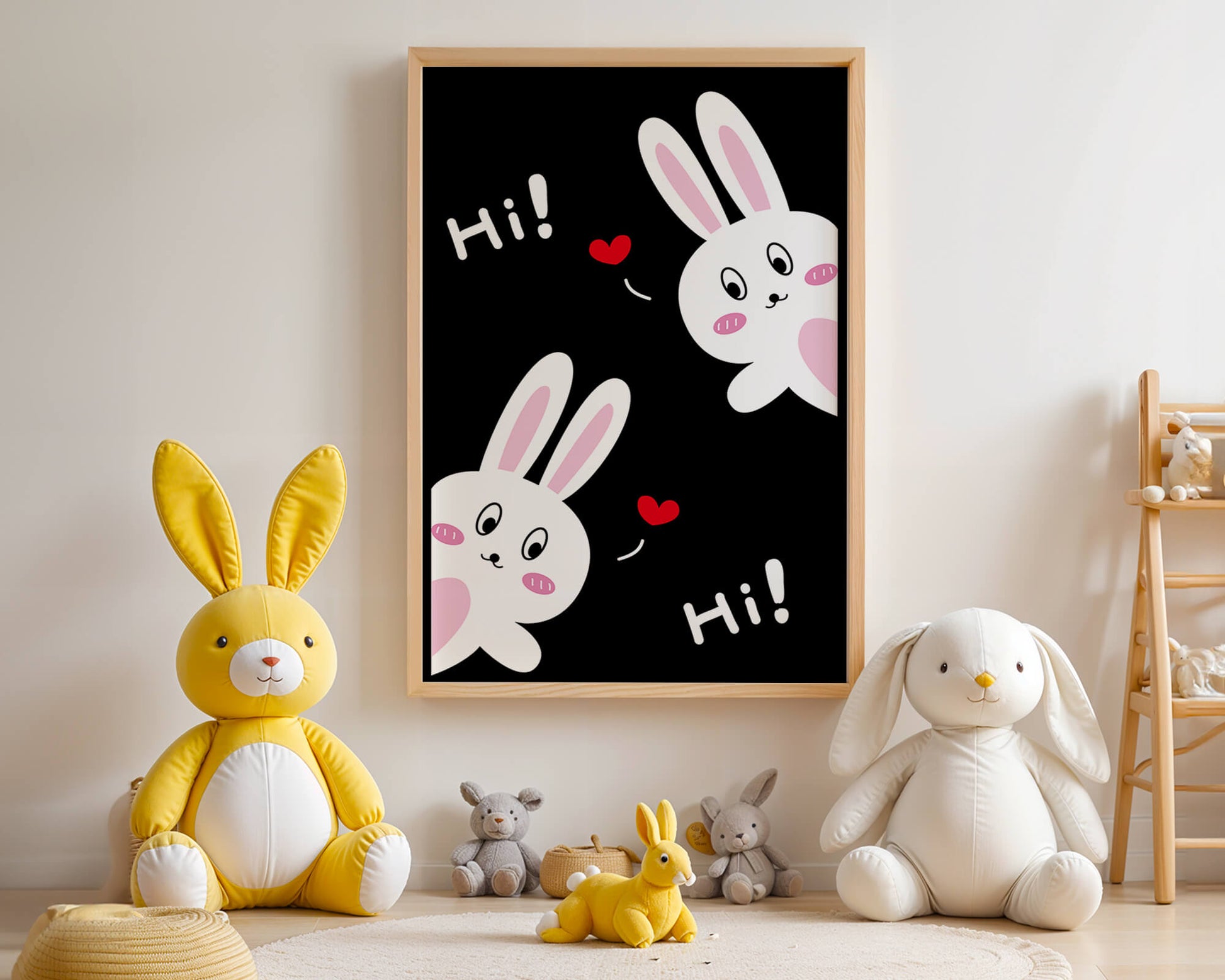 Charming bunny illustration with hearts on black background