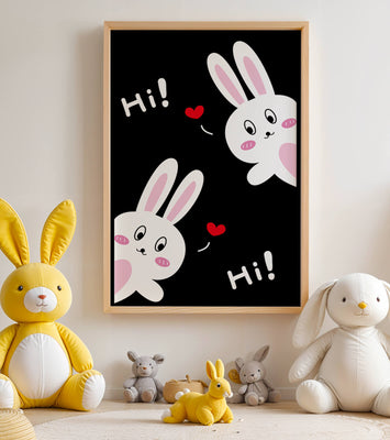 Charming bunny illustration with hearts on black background