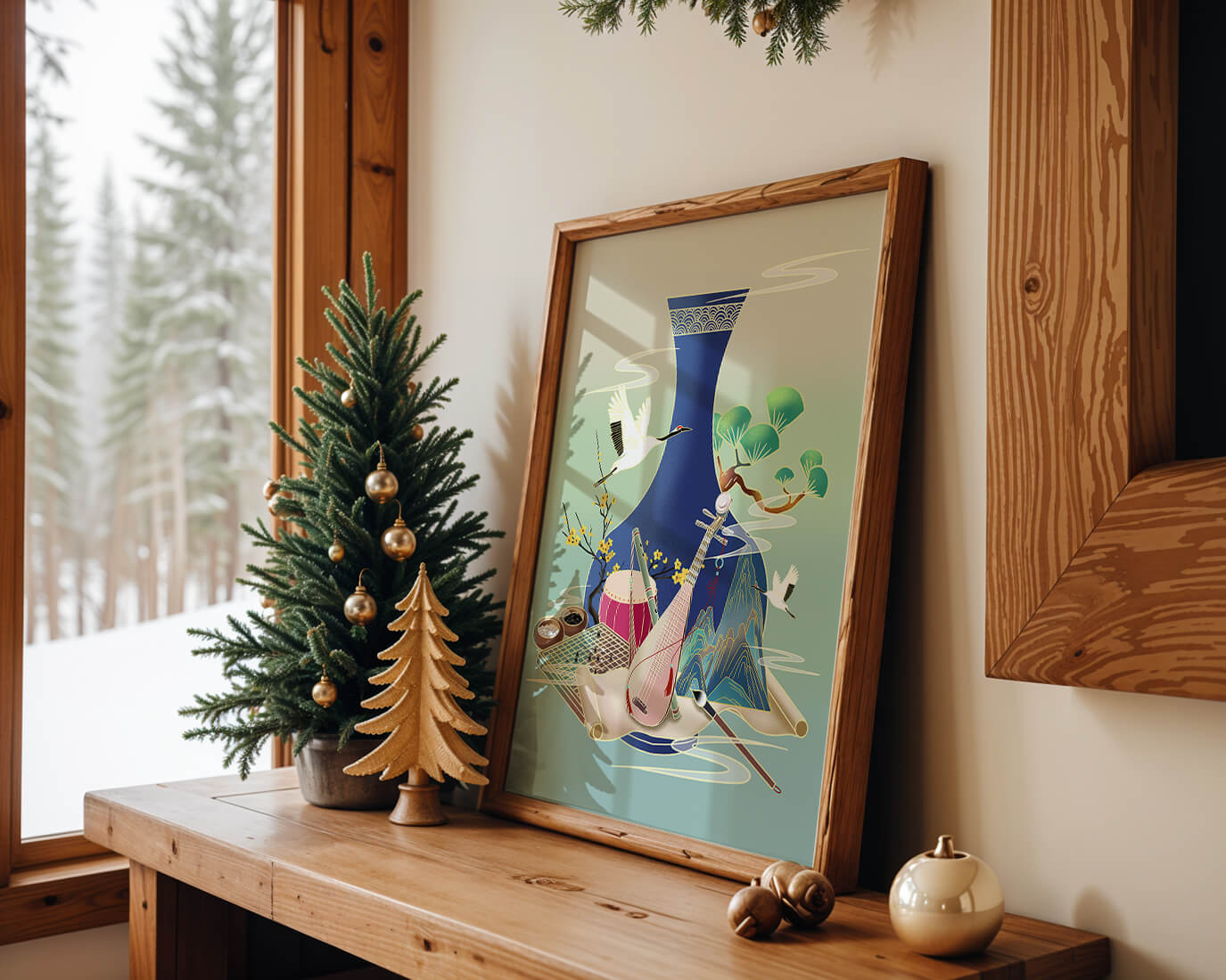 Traditional Asian art scene featuring vase, musical instruments, and cranes