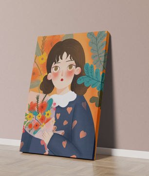 Ilustración colorida de una chica con flores rodeada de un fondo floral vibrante
