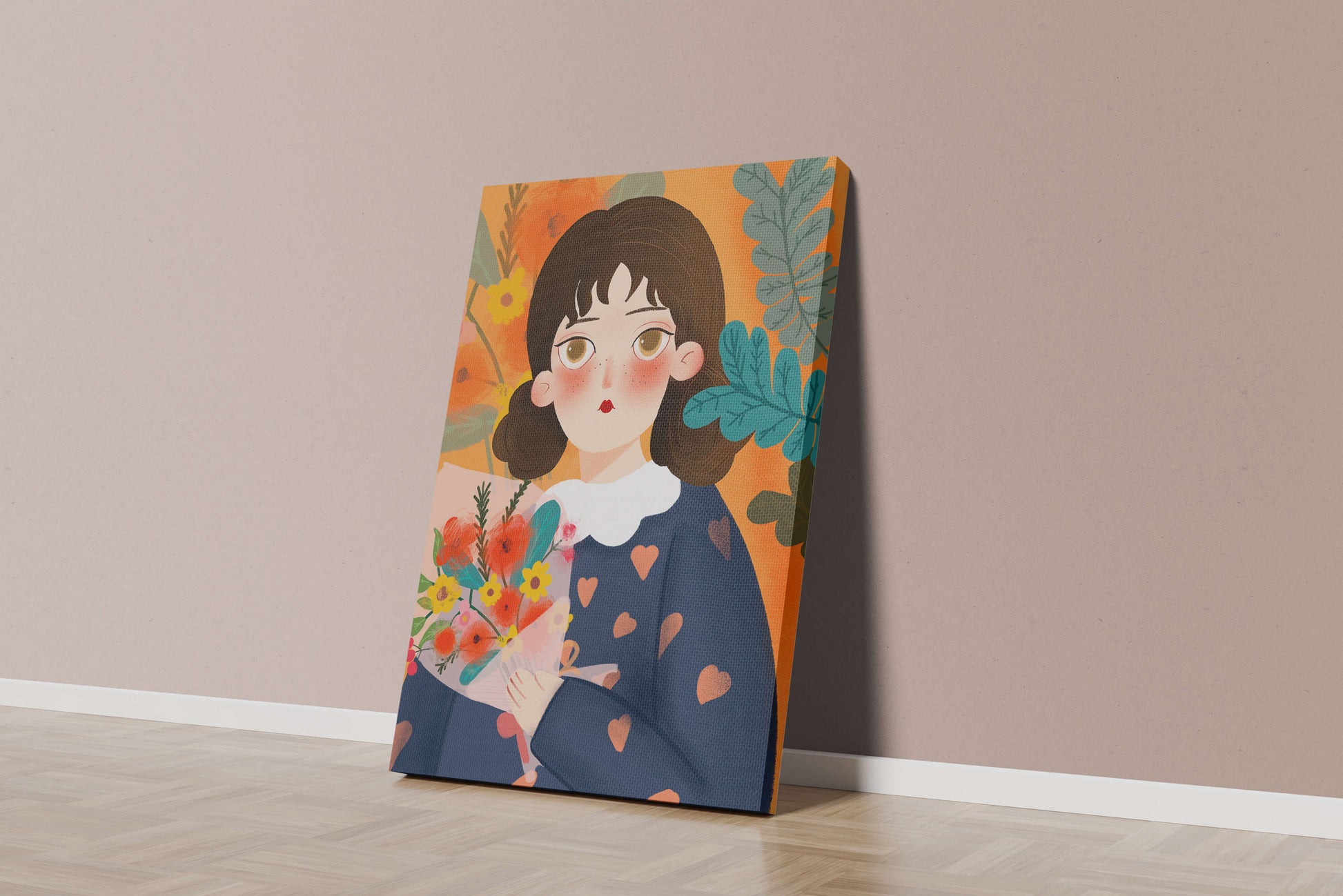Ilustración colorida de una niña con flores rodeada de un fondo floral vibrante.