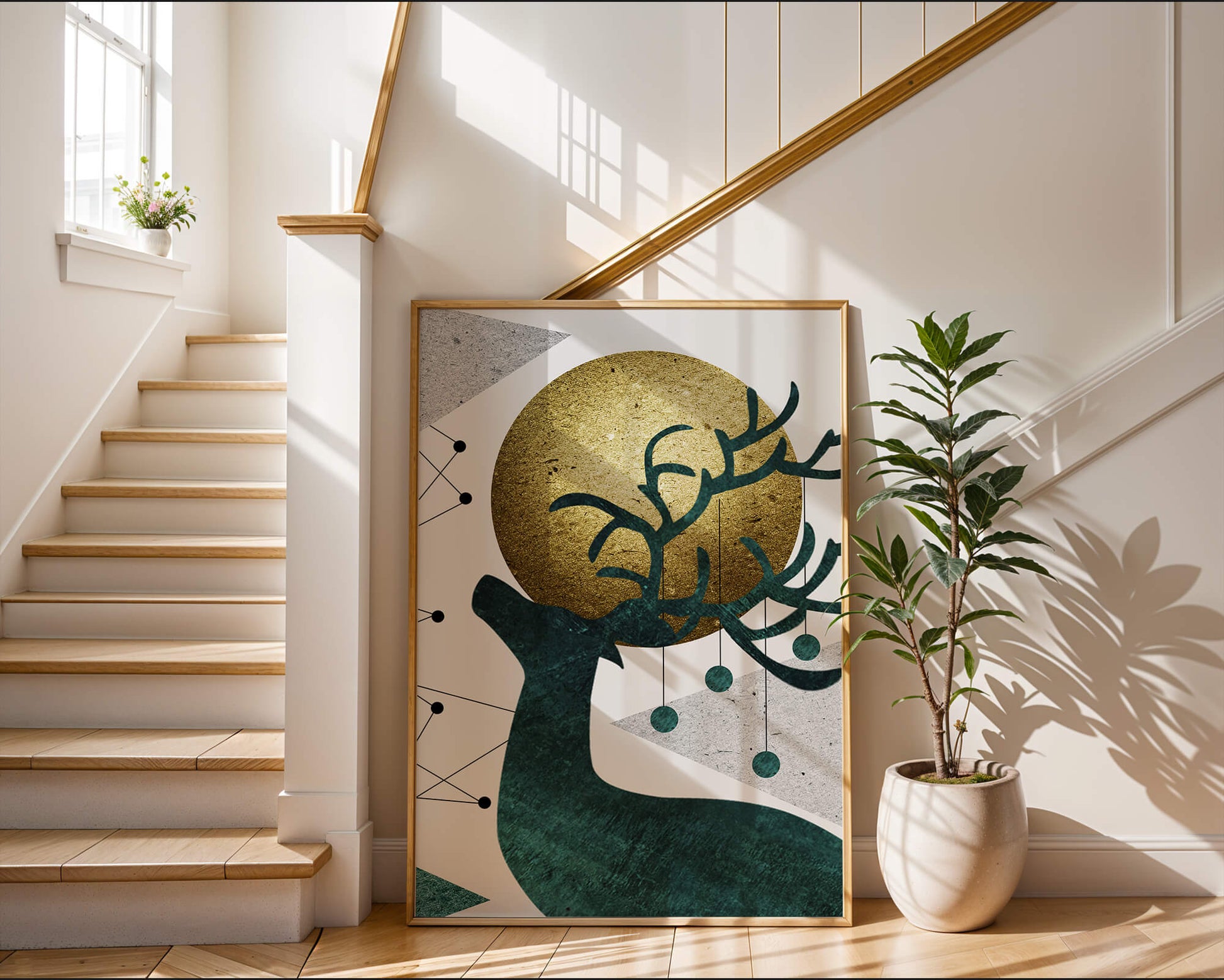 Abstract Geometric Deer with Gold Circle and Modern Design
