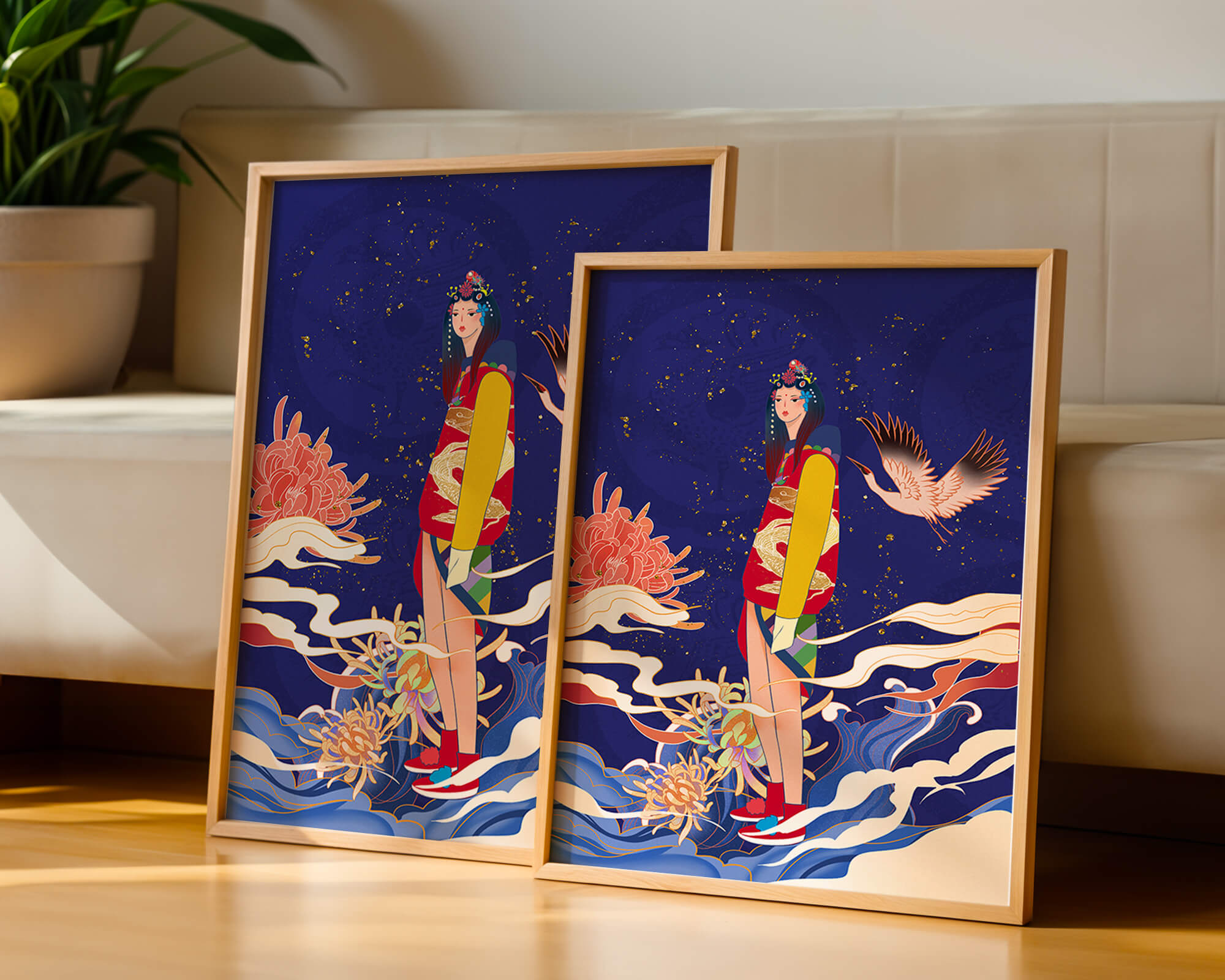 Elegant fusion of traditional and modern art with floral and avian elements