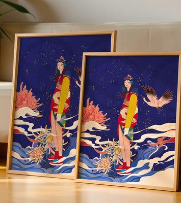 Elegant fusion of traditional and modern art with floral and avian elements