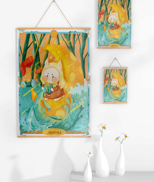 Aquarius zodiac illustration with whimsical character and vibrant colors