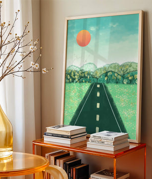 Serene Landscape with Road Leading to Sunset and Lush Greenery