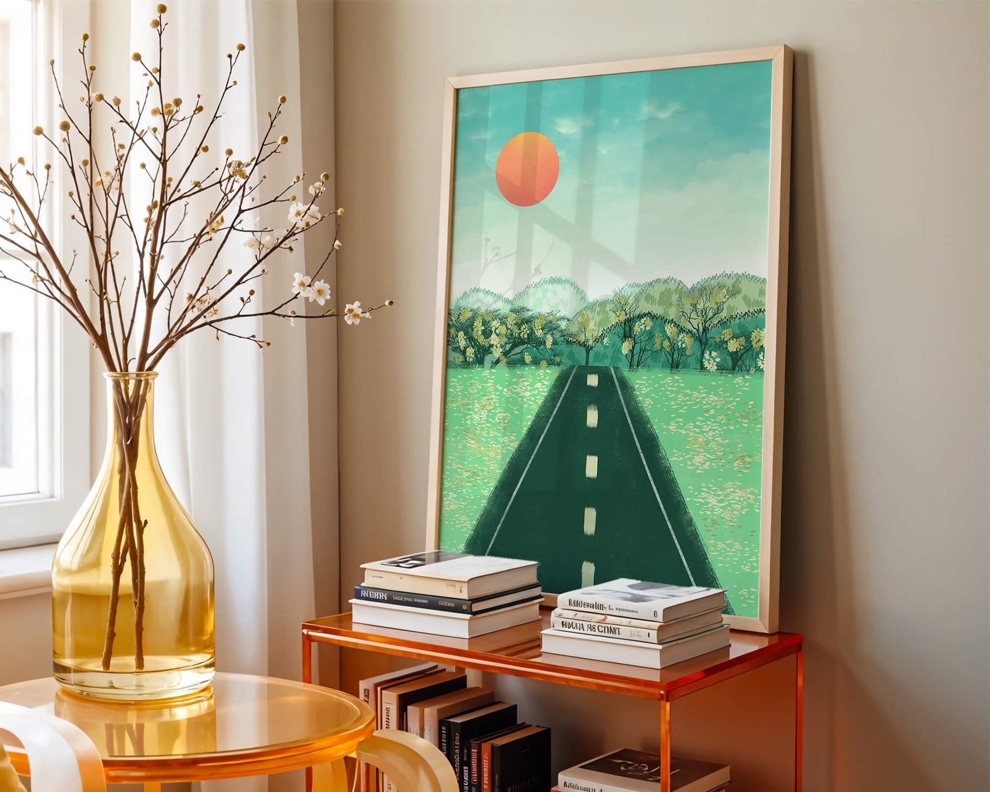 Serene Landscape with Road Leading to Sunset and Lush Greenery