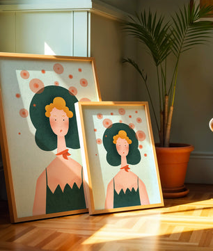 Whimsical Portrait of a Woman with Green Hair and Abstract Circles - Mi tienda