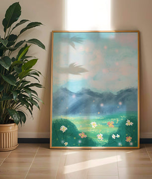 Serene Landscape with Blooming Flowers and Majestic Mountains