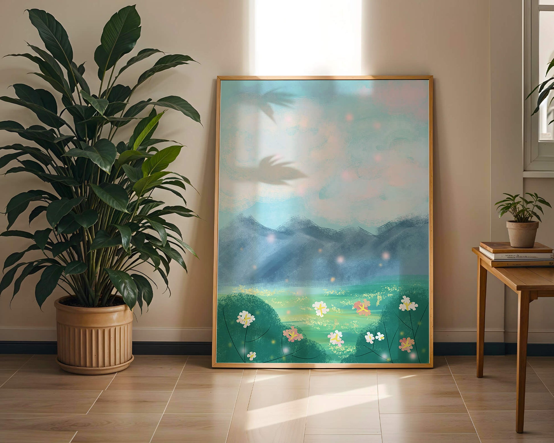 Serene Landscape with Blooming Flowers and Majestic Mountains