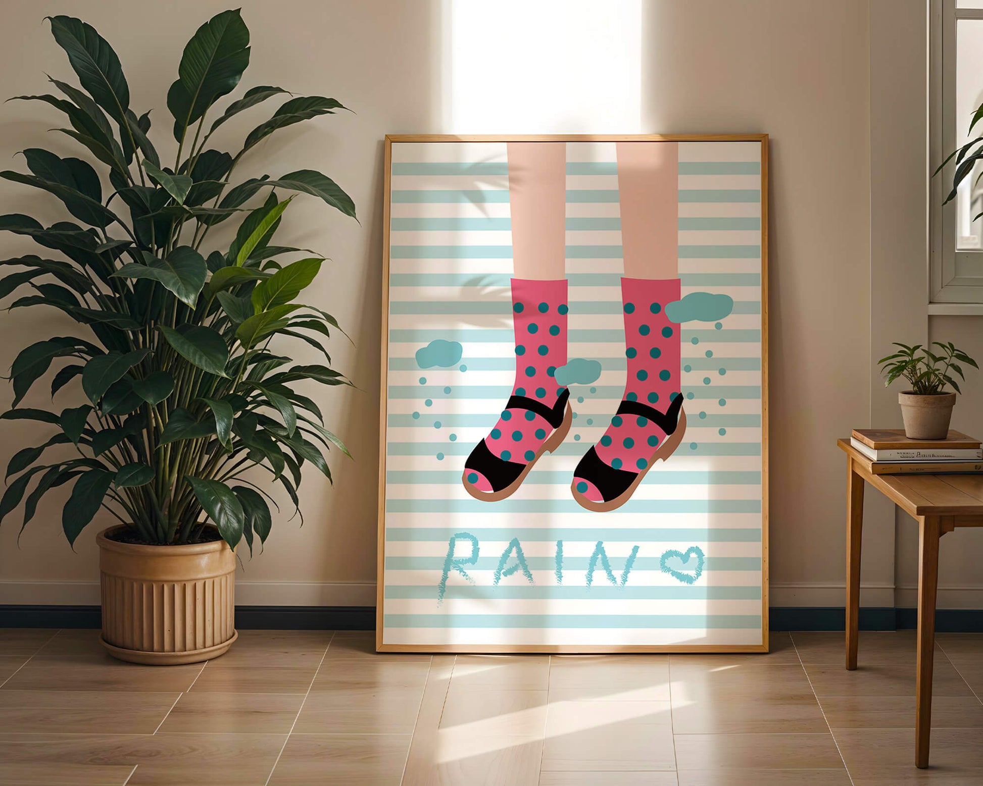 Illustration of polka dot socks and sandals on a striped background