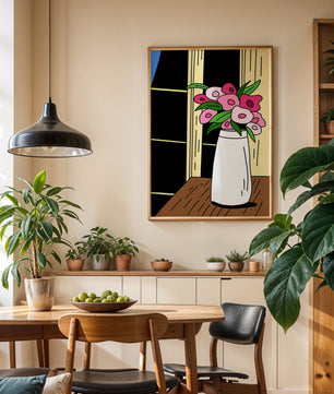 Abstract illustration of flowers in a vase on a wooden table