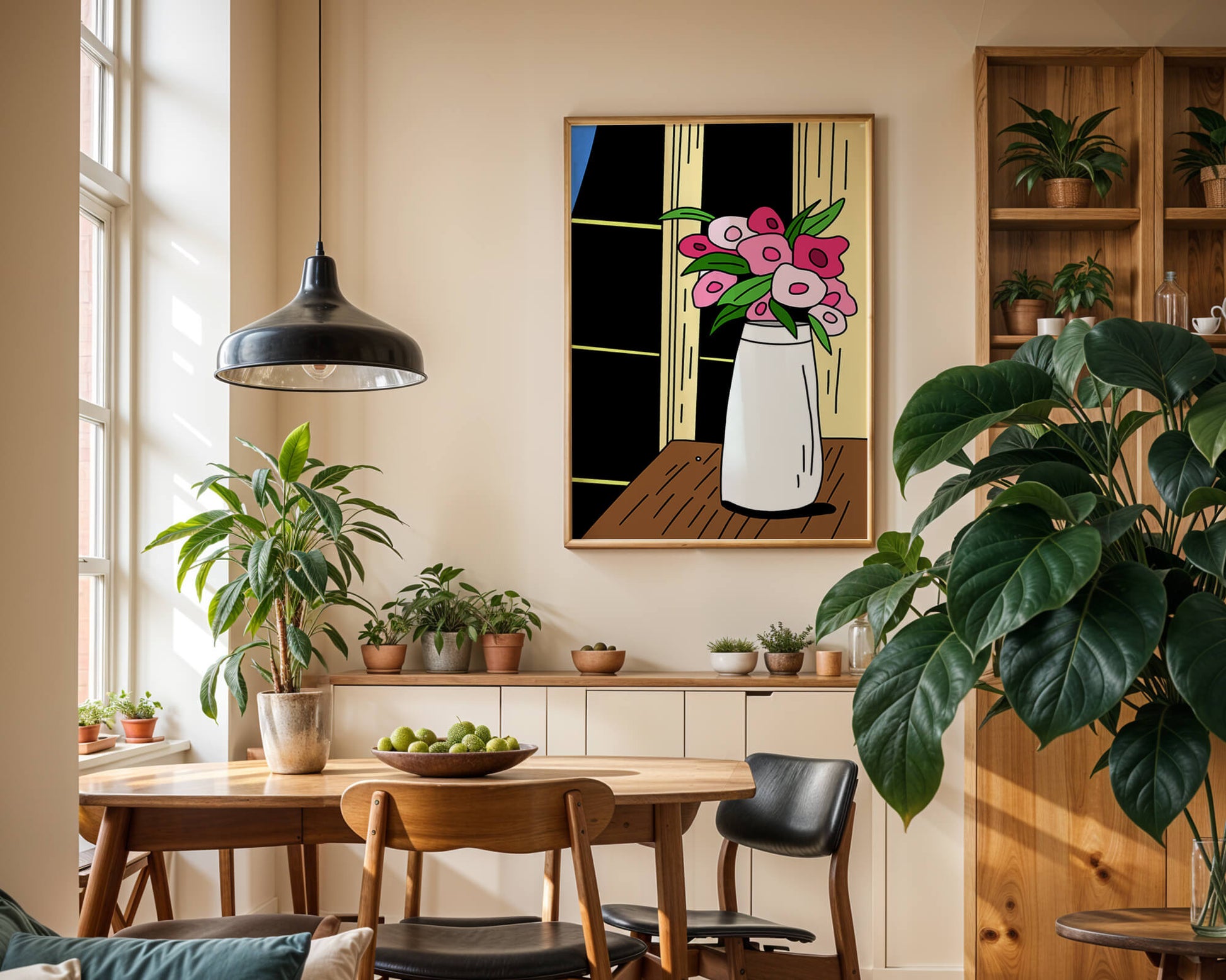 Abstract illustration of flowers in a vase on a wooden table